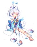  1girl absurdres animal_ears blue_eyes blue_fire dressing fingernails fire fox_ears full_body gimt heterochromia highres japanese_clothes kimono long_fingernails long_sleeves looking_at_viewer mouth_hold no_panties off_shoulder original paws platform_footwear short_hair slippers solo tail thigh-highs toeless_legwear white_hair white_legwear wide_sleeves yellow_eyes 