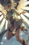  1girl alternate_costume blonde_hair blue_eyes breasts cleavage feathered_wings flying glowing glowing_wings high_heels highres looking_at_viewer mercy_(overwatch) overwatch sandals smile solo toes whispwill winged_victory_mercy wings 
