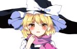  1girl :d blonde_hair blush commentary gloves hat hidden_star_in_four_seasons hot kirisame_marisa long_hair long_sleeves looking_at_viewer open_mouth pink_gloves pink_scarf scarf single_glove smile solo sweat touhou vest witch_hat yellow_eyes yururi_nano 