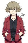  1girl black_eyes breasts brown_hair dated hands_in_pockets jacket jitome large_breasts messy_hair open_clothes open_jacket original short_hair solo tomboy track_jacket track_suit tsukudani_(coke-buta) tsurime 