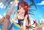  1girl beach bikini black_bikini blush breasts cleavage clouds flower girls_frontline hair_flower hair_ornament hammock highres long_hair looking_at_viewer moong_gya ocean palm_tree purple_hair red_eyes scowl side_ponytail sky sunlight surfboard swimsuit tree wa2000_(girls_frontline) 