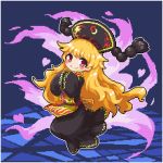  1girl black_dress blush_stickers chinese_clothes closed_mouth commentary_request crescent dress fox_tail full_body hands_together hat heart junko_(touhou) kumamoto_(bbtonhk2) long_hair long_sleeves looking_at_viewer lowres orange_hair pixel_art red_eyes smile solo tabard tail touhou 