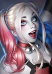  1girl arm_up batman_(series) bell bell_collar blonde_hair blue_eyes blue_hair collar dc_comics harley_quinn jingle_bell lips multicolored_hair open_mouth pale_skin pink_hair solo suicide_squad twintails upper_body warren_louw 
