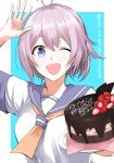  1girl ;d ahoge aoba_(kantai_collection) birthday_cake blue_eyes cake commentary dated food happy_birthday highres holding_cake kantai_collection morinaga_(harumori) neckerchief one_eye_closed open_mouth ponytail purple_hair school_uniform serafuku smile solo translated twitter_username 