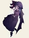  1girl bat_wings beige_background closed_eyes flower full_body hat hat_ribbon highres holding holding_flower mob_cap puffy_short_sleeves puffy_sleeves purple_hair red_ribbon red_rose remilia_scarlet ribbon rose short_sleeves simple_background socks solo tian_(my_dear) touhou wings wrist_cuffs 