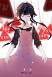  1girl artist_name asahina_hiyori black_hair closed_eyes closed_mouth collarbone commentary dated dress eyebrows_visible_through_hair facing_viewer highres kagerou_project long_hair mazumaro pink_dress road_sign sign solo stop_sign twintails 