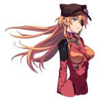  1girl animal_hat blue_eyes bodysuit cat_hat evangelion:_3.0_you_can_(not)_redo eyepatch hat highres lips long_hair looking_at_viewer neon_genesis_evangelion orange_hair plugsuit rebuild_of_evangelion red_bodysuit samonegi solo souryuu_asuka_langley tape white_background wind 