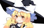  1girl blonde_hair blush bow braid grin hat hat_bow kirisame_marisa long_hair looking_at_viewer mini-hakkero side_braid single_braid smile solo touhou wavy_hair witch_hat yellow_eyes yururi_nano 