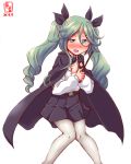  1girl 2017 anchovy anchovy_(cosplay) anzio_school_uniform black_cape black_necktie black_ribbon black_skirt cape cosplay dated drill_hair girls_und_panzer green_eyes green_hair hair_ribbon highres kanon_(kurogane_knights) kantai_collection logo long_hair look-alike looking_at_viewer necktie pantyhose pleated_skirt ponytail ribbon riding_crop simple_background skirt solo twin_drills twintails white_background white_legwear yamakaze_(kantai_collection) 