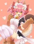  1girl @_@ alternate_costume animal_ears apron bell bell_collar breasts collar enmaided fang fate/extra fate/grand_order fate_(series) fox_ears fox_tail hair_ribbon highres large_breasts long_hair looking_at_viewer maid maid_apron maid_headdress menou_(mpcd3788) open_mouth paws pink_hair ribbon solo tail tamamo_(fate)_(all) tamamo_cat_(fate) waist_apron white_legwear yellow_eyes 
