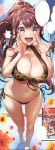  1girl :d bare_legs bikini blush breasts brown_hair cleavage eyebrows_visible_through_hair floral_print flower foreshortening front-tie_bikini front-tie_top hair_ornament halter_top halterneck hands_up huge_breasts long_hair multiple_views navel ogino_atsuki open_mouth original sandals side-tie_bikini sidelocks sitting smile swimsuit teeth very_long_hair violet_eyes 