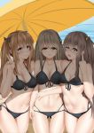  3girls absurdres angry beach_umbrella bikini black_bikini blonde_hair blush bow breasts brown_hair character_request cleavage collarbone cowboy_shot day girls_frontline gluteal_fold grey_hair hair_bow hairband highres kong_lang_(skywave) large_breasts long_hair looking_at_viewer medium_breasts middle_finger multiple_girls nail_polish navel nervous_smile nose_blush open_mouth outdoors parted_lips pink_nails red_eyes scar scar_across_eye skindentation smile swimsuit thigh_gap twintails two_side_up umbrella v very_long_hair yellow_eyes 
