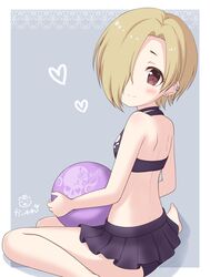  1girl ball bare_arms bare_shoulders bikini bikini_skirt black_bikini blonde_hair blush brown_eyes commentary_request frilled_bikini frills from_side grey_background hair_over_one_eye halter_top halterneck head_tilt heart holding holding_ball idolmaster idolmaster_cinderella_girls idolmaster_cinderella_girls_starlight_stage kaiware-san looking_at_viewer looking_to_the_side print_bikini shirasaka_koume short_hair signature sitting skull smile solo swimsuit tareme wariza 