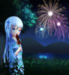  1girl aerial_fireworks blue_eyes blue_hair boat cazma_(leadreload) expressionless fireworks floral_print food_in_mouth grass hair_ornament holding ikayaki japanese_clothes kimono lake long_hair looking_at_viewer mountain night obi original outdoors sash sky solo star_(sky) starry_sky tree_branch very_long_hair watercraft yukata 