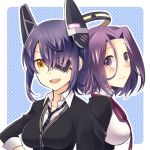  2girls blush checkered checkered_necktie eyepatch headgear kantai_collection kotobuki_(momoko_factory) looking_at_viewer mechanical_halo mole mole_under_eye multiple_girls necktie open_mouth polka_dot polka_dot_background purple_hair short_hair smile tatsuta_(kantai_collection) tenryuu_(kantai_collection) violet_eyes yellow_eyes 