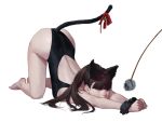  all_fours animal_ears ass back_cutout bare_hips bare_shoulders barefoot bodysuit brown_eyes brown_hair cat_ears cat_tail cuffs dongho_kang leotard long_hair looking_away mole original ribbon simple_background tail 