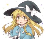  00tea 1girl blonde_hair blush bow braid capelet hat hat_bow kirisame_marisa long_hair open_mouth side_braid simple_background solo star touhou white_background witch_hat yellow_eyes 
