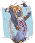  1boy blonde_hair blue_eyes covering_face earrings gloves hair_ornament jewelry link long_hair looking_at_viewer male_focus mask pointy_ears ponytail sheik shuri_(84k) solo the_legend_of_zelda the_legend_of_zelda:_breath_of_the_wild trap 