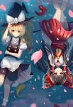  2girls absurdres apron blonde_hair blush bobby_socks bow cherry_blossoms chocolate_hair expressionless fish floating hair_bow hakurei_reimu hat hat_tip highres kirisame_marisa knees_together_feet_apart koi large_bow lying mary_janes mey24k miniskirt multiple_girls partially_submerged petals pleated_skirt shoes skirt smile socks touhou upside-down vest witch_hat yellow_eyes 