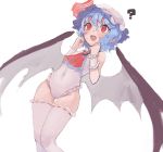  1girl ? ascot bat_wings blue_hair blush covered_navel fang hair_between_eyes hat highres leotard mob_cap pointy_ears pororikin red_eyes remilia_scarlet ribbon-trimmed_legwear ribbon_trim short_hair simple_background slit_pupils solo sweat thigh-highs touhou w white_background white_legwear wings 