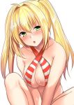  1girl abi_(abimel10) ahoge bikini blonde_hair blush breast_squeeze breasts fate/grand_order fate_(series) green_eyes hair_intakes halterneck highres large_breasts long_hair looking_at_viewer nero_claudius_(swimsuit_caster)_(fate) nose_blush pout saber_extra sitting solo striped striped_bikini swimsuit twintails v_arms white_background 