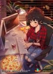  1girl bell_pepper black_eyes black_hair black_nails blinds blue_pants blurry bokeh breasts buttons can character_request cheese coca-cola collared_shirt computer_keyboard computer_mouse copyright_name dayoungbyun denim depth_of_field dual_monitor fingernails food from_above hexagon holding_pizza indoors jeans knees_together_feet_apart lamp lanyard large_breasts leaf light looking_away monitor nail_polish night olive open_mouth pants pepper pepperoni picture_(object) picture_frame pizza pizza_box plant purple_legwear qurare_magic_library red_nails red_shirt sandals shirt short_hair shrimp sitting sleeves_pushed_up slice_of_pizza socks soda_can solo steam swivel_chair torn_clothes torn_jeans undershirt watch watch wing_collar 