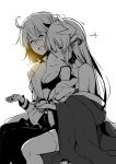  2girls ahoge angry_num blush bra breasts cleavage closed_eyes fate_(series) fujimaru_ritsuka_(female) greyscale hand_holding hickey horns japanese_clothes kimono kiyohime_(fate/grand_order) light long_hair monochrome multiple_girls off_shoulder open_clothes open_mouth open_shirt shirt short_hair spot_color underwear yuri 