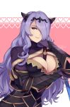  1girl breastplate breasts camilla_(fire_emblem_if) cleavage_cutout electro-plankton fire_emblem fire_emblem_if gauntlets hair_over_one_eye highres large_breasts long_hair looking_at_viewer purple_hair simple_background smile solo violet_eyes 