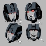  4boys 80s decepticon english eyes grey_background head_only kamizono_(spookyhouse) laughing machine machinery mecha multiple_boys no_humans oldschool open_mouth personification red_eyes robot skywarp smile starscream sunstorm thundercracker transformers 
