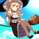  1girl adapted_costume apron bare_shoulders black_dress black_shoes blonde_hair blue_sky blush bow braid broom broom_riding clouds commentary_request cuffs dress hair_bow hat kirisame_marisa mary_janes shoes single_braid sky smile solo spaghetti_strap touhou waist_apron white_bow witch_hat yellow_eyes yururi_nano 