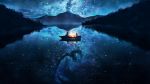 1boy 1girl absurdres blue boat dark from_behind highres lake lantern looking_at_another mountain natsu_(hottopeppa3390) nature night night_sky original outdoors reflection scenery sitting sky star_(sky) starry_sky watercraft 