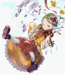  &gt;;) 1girl ahoge bangs blush bow_(instrument) brown_shoes butterfly closed_mouth commentary dress drill_hair flower full_body green_eyes green_hair hair_ornament highres holding holding_instrument instrument kanaria long_hair momomo_(user_xnfy4284) music musical_note orange_pants petals platform_footwear playing_instrument quaver red_rose rose rozen_maiden sharp_sign shoes solo swept_bangs treble_clef twin_drills violin yellow_dress yellow_rose 