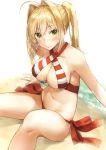  1girl bangs bead_bracelet beads bikini blonde_hair blush bracelet breasts cleavage closed_mouth collarbone criss-cross_halter eyebrows_visible_through_hair fate/grand_order fate_(series) hair_intakes halterneck jewelry knee_up large_breasts looking_at_viewer navel nero_claudius_(swimsuit_caster)_(fate) ocean omochi_no_kimochi ponytail red_bikini saber_extra side-tie_bikini sidelocks sitting smile solo swimsuit thighs white_bikini 