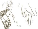  1girl comic fairy fairy_wings fingernails from_behind greyscale hands minigirl monochrome pointy_ears sawany short_hair simple_background sketch surge_concerto thigh-highs translation_request white_background wings 