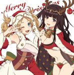  2girls aomeeso bare_shoulders bikini black_hair blonde_hair blue_eyes bodysuit breasts cape christmas cleavage dress fire_emblem fire_emblem:_kakusei fire_emblem_heroes headband liz_(fire_emblem) long_hair looking_at_viewer merry_christmas multiple_girls navel one_eye_closed open_mouth santa_costume swimsuit tharja tiara twintails two_side_up 