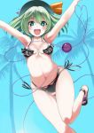  1girl amisu bikini blush bow_bikini eyeball green_eyes green_hair hat heart heart_of_string komeiji_koishi multi-strapped_bikini navel open_mouth palm_tree revision round_teeth short_hair smile solo swimsuit teeth third_eye touhou tree 