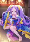  1girl absurdres barefoot breasts cleavage collarbone fate/grand_order fate_(series) frilled_sleeves frills full_body hane_yuki highres indoors japanese_clothes legs long_hair long_sleeves looking_at_viewer purple_hair sidelocks sitting small_breasts smile solo twintails very_long_hair violet_eyes wide_sleeves wu_zetian_(fate/grand_order) 