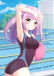  1girl arm_on_head armpits ass blush competition_swimsuit day fence grin highres kakino_nashiko long_hair looking_at_viewer looking_back moe2017 one-piece_swimsuit original outdoors pool purple_hair sky smile solo surfboard swimsuit taut_clothes taut_swimsuit two_side_up water yellow_eyes 