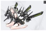  1girl barefoot black_dress cancell detached_sleeves dress flower grey_eyes hair_flower hair_ornament katana kneeling long_hair looking_at_viewer original silver_hair simple_background sitting solo sword thigh_strap wariza weapon 