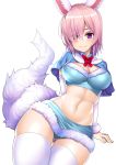 1girl animal_ears arm_support bangs beeyan blush breasts capelet closed_mouth contrapposto cosplay cowboy_shot curvy detached_sleeves eyebrows_visible_through_hair fate/grand_order fate_(series) fou_(fate/grand_order) fou_(fate/grand_order)_(cosplay) fur_trim hair_over_one_eye highres large_breasts lavender_hair looking_at_viewer midriff miniskirt navel pink_hair shielder_(fate/grand_order) shiny shiny_hair short_hair simple_background skirt smile solo tail thick_thighs thigh-highs thighs violet_eyes white_background white_legwear wide_hips 