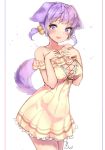  1girl animal_ears artist_name bangs blurry blush breasts cheli_(kso1564) collarbone cowboy_shot depth_of_field dog_ears dog_girl dog_tail dress eyebrows_visible_through_hair hair_bobbles hair_ornament hands_on_own_chest highres large_breasts looking_at_viewer open_mouth original purple_hair short_twintails signature smile solo tail tsurime twintails violet_eyes yellow_dress 