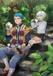  2boys :o :t aqua_hair eating food garters green_eyes grey_legwear hotarumaru japanese_clothes kneehighs leaf male_focus multiple_boys oisih onigiri pom_pom_(clothes) red_eyes sandals scar shorts silver_hair sitting smile sock_garters touken_ranbu tree yamabushi_kunihiro 