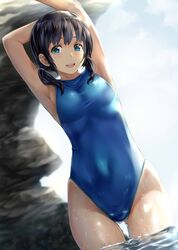  1girl armpits arms_up backlighting bangs black_hair blue_swimsuit blush breasts covered_navel day dutch_angle eyebrows_visible_through_hair half-closed_eyes highres hips light_smile looking_at_viewer medium_breasts nagayori navel one-piece_swimsuit open_mouth original short_twintails sidelocks smile solo stretch swimsuit tareme teeth thighs twintails wading wet 