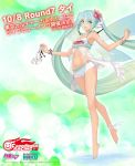  1girl artist_name bangs bare_shoulders barefoot bikini bikini_under_clothes bracelet character_name collarbone commentary_request copyright_name eyebrows_visible_through_hair fairy_wings full_body goodsmile_racing gradient_hair hair_ornament hatsune_miku highres holding jewelry logo long_hair looking_at_viewer midriff multicolored_hair navel official_art open_mouth shorts simple_background smile swimsuit tanaka_takayuki tiptoes twintails very_long_hair vocaloid wings 