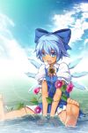  1girl barefoot blue_bow blue_dress blue_eyes blue_hair blue_sky bow chima_q clouds collared_shirt commentary_request dress flat_chest flower full_body hair_bow highres ice ice_wings looking_at_viewer open_mouth outdoors partially_submerged plant puffy_sleeves shirt short_hair short_sleeves sitting sky smile soles solo spread_legs sunflower tan tanned_cirno touhou undershirt vines wet white_shirt wing_collar wings 