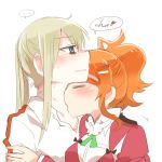  ... 2girls aquila_(kantai_collection) black_bow blonde_hair blue_eyes blush bow closed_eyes from_side graf_zeppelin_(kantai_collection) green_ribbon hair_ornament hairclip hickey kantai_collection kiss lowres multiple_girls no_hat no_headwear orange_hair ponytail rebecca_(keinelove) ribbon sidelocks spoken_ellipsis twintails yuri 