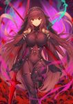  1girl bangs bodysuit breasts capelet circlet covered_navel dual_wielding eyebrows_visible_through_hair fate/grand_order fate_(series) field fire flower flower_field gae_bolg gem green_fire hips large_breasts leg_lift long_hair looking_at_viewer pauldrons petals pink_fire polearm purple_bodysuit purple_hair red_eyes sabaton scathach_(fate/grand_order) smile solo spear thighs veil waist weapon yaman 