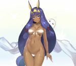  1girl animal_ears armlet arms_at_sides bandeau bikini bikini_pull blue_eyes breasts cleavage closed_mouth collarbone cowboy_shot dark_skin earrings eyebrows_visible_through_hair facial_mark fate/grand_order fate_(series) front-tie_bikini front-tie_top gluteal_fold gradient gradient_background hair_tubes hairband highres hoop_earrings jewelry large_breasts long_hair looking_at_viewer low-tied_long_hair medjed nakamura_nagare navel nitocris_(fate/grand_order) purple_hair sidelocks simple_background smile solo string_bikini swimsuit thigh_gap very_long_hair white_bikini 