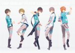  5boys akiyama_hayato alternate_costume bandanna bangs black_boots black_hair boots capri_pants clenched_hand coattails copyright_name full_body fuyumi_jun green_hair grey_background grey_pants grid hair_between_eyes high_x_joker highres idolmaster idolmaster_side-m iseya_shiki knee_boots looking_at_viewer looking_back male_focus map_(map_imas) multiple_boys orange_hair pants pink-framed_eyewear red_eyes sakaki_natsuki silver_hair smile sweatband swept_bangs wakazato_haruna 