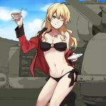  ;) alternate_hairstyle bad_anatomy bikini black_bikini blonde_hair blue_eyes churchill_(tank) commentary cup darjeeling girls_und_panzer ground_vehicle holding holding_cup holding_saucer jacket military military_vehicle motor_vehicle navel one_eye_closed open_clothes open_jacket red_jacket ree_(re-19) saucer smile st._gloriana&#039;s_military_uniform swimsuit tank teacup 